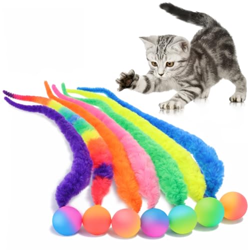 7-teiliges Katzenspielzeug-Set mit Wurm und Hüpfball, interaktive, Flauschige Würmer für Katzen, Bunte Zauberwürmer mit Schwanz, Katzenspielzeug