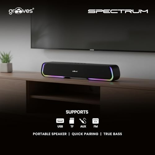 Image of Grooves Specturm Soundbar, 16W Signature Sound, RGB LEDs, Dual Full-Range Drivers, Upto 5H Battery, TWS, Multi Ports, Bluetooth Sound bar, Home Theatre Soundbar Speaker (Premium Black)
