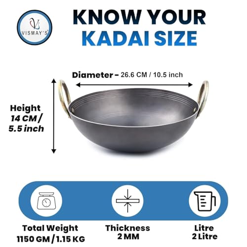 Image of VISMAY'S 2 Litre 10.5 Inch Food Grade Iron Kadhai Wok Frypan Lohe ki Kadai Smooth Edges Riveted Handles Deep Frying, Roasting Metal Spoon Friendly Traditional Indian Cooking Durable Kitchen Cookware