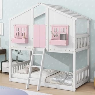 Twin Over Twin House Bunk Bed Frame with Roof, Windows, Storage Box and Small Door, Solid Wood Low Floor Bunk Beds with Guardrails and Ladder for Kids Girls Boys, No Box Spring Needed, Pink