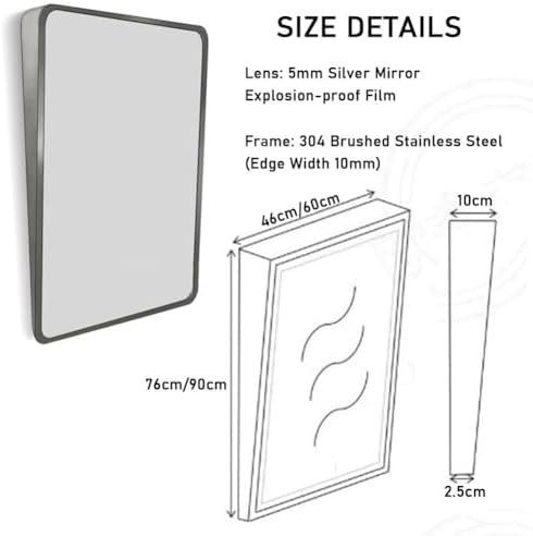 Stainless Steel Fixed Tilt Bathroom Mirror with Rounded Corners, 70x50cm, Vertical Hanging Design, Modern Silver Finish for Home Decor & Vanity Use