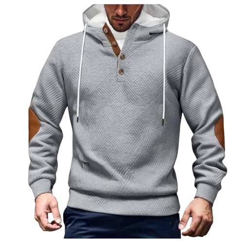 Mens Half Button Hoodies Casual Soild Color Hooded Henley Sweatshirts with Elbow Patches Running Gym Pullovers