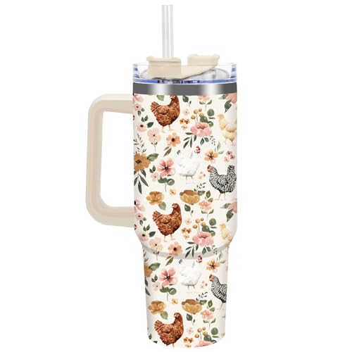 FYSUIMU Floral Hen Tumbler with Lid Straw Brush 40oz Flower Stainless Steel Vacuum Insulated Cup Travel Coffee Mug Water Bottle for Farmhouse Hot Cold Drinks