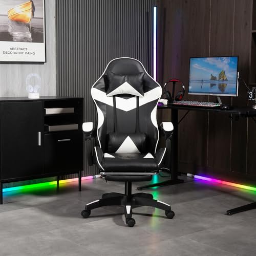 Panana Gaming Racing Desk Chair Adjustable Hight Swivel Chair with Lumbar and Head Pillow (White) - Image 5