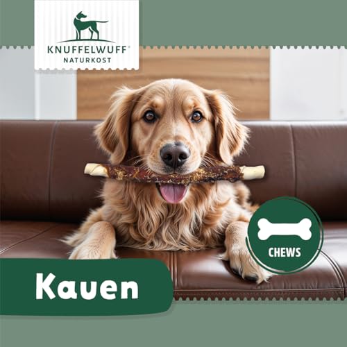 Knuffelwuff 4X große Fleischtaschen (ca. 80 g) | Leckere Hühnerbrust und Rinderrohhaut: Belohnen Sie Ihren Hund mit gesundem Kauen für Starke Kaumuskeln | wiederverschiessbar | für alle Hunderassen