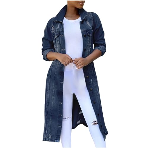 BORAMAX Women's Fashion Ripped Holes Maxi Long Denim Jacket Trench Coat Retro Blue Jackets Lapel Button Oversized Trench Coat