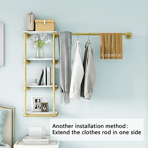 Wall Mounted Pipe Clothing Rack With Shelf,Gold Industrial Clothes Rack With 4 Tier Closet Bar Heavy Duty Iron Garment Rack, Retail Display Clothes Rod For Hanging Clothes,Laundry Room (Gold) #TOP2