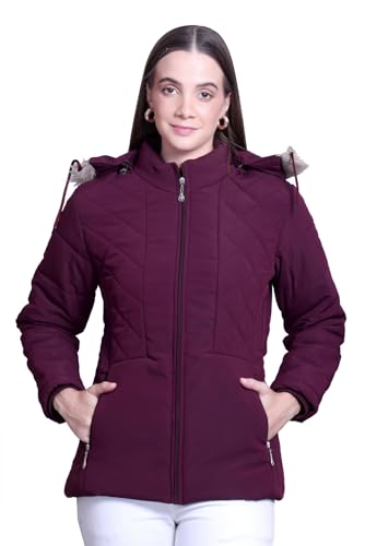 Image of Women's Quilted Winter Puffer Jacket with Fur Hood, Plum Purple, Full Zip