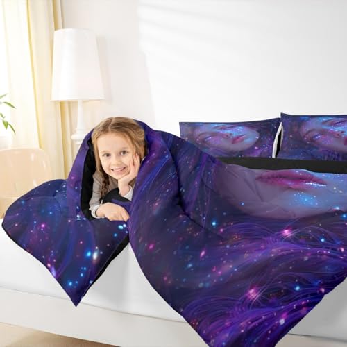 Image of Erosebridal 3D Japanese Girl Comforter Set with Glitter Stars Decorations Galaxy Bedding Full Size 3 Pieces Anime Decor Down Comforter, Fashion Anime Gifts for Girls Duvet Set with 2 Pillowcases