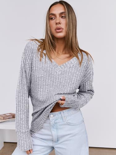 Anrabess Womens V Neck Sweaters Long Sleeve Shirts Loose Fit Casual 2024 Fall Fashion Lightweight Pullover Tunic Tops Outfits Grey Medium thumb #2