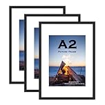 Black Wooden Picture Frame A2(42x59.4cm) with Mat,Set of 3, Mount for A3 Picture or Certificate,Wall Mountable