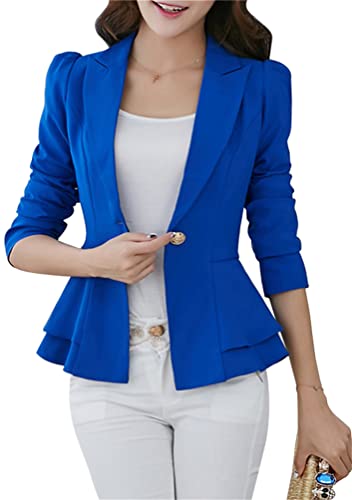 OMZIN Women's Casual Long Sleeve Blazer Work Office Blazer Ruffled Back Blazer Solid Button Coat