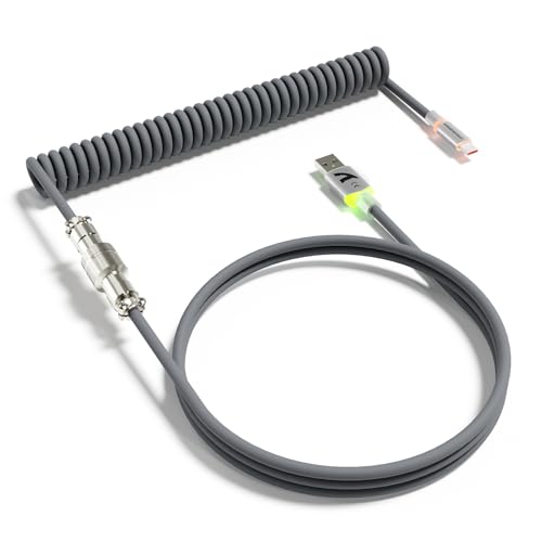 Image of ATTACK SHARK C01 Ultra Coiled USB C Cable Double Sleeved with RGB Light Plug,Detachable Metal Aviator,Type-C to USB-A Mechanical Gaming Keyboard Cable for Win Mac PS4 Xbox Switch Printer Tablet(Gray)