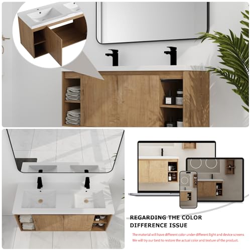 Image of Floating Bathroom Vanity, 48 inch Bathroom Storage Cabinet with Double Resin Sinks, 2 Soft-Close Doors & 4 Open Storage Shelves, Modern Wall-Mounted Vanity with 45 Bevel Handles, Oak