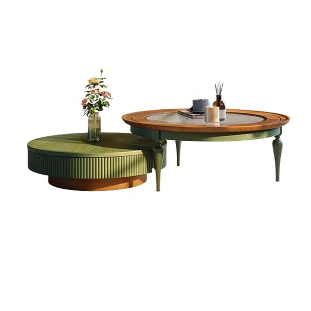 XUJUAN-0227 Coffee Tables Nested Round Wood & Glass Coffee Table Set 2-Piece with Drawer Living Room