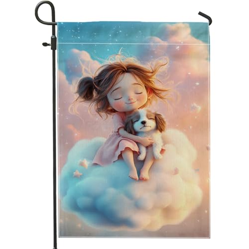 Niedliche Wolkenhund-Gartenflagge, Pastellblau und Pfirsich, Heimdekoration, Banner, doppelseitige Rasendekoration für Sommer, Kinderzimmer und Tierliebhaber, 30,5 x 45,7 cm