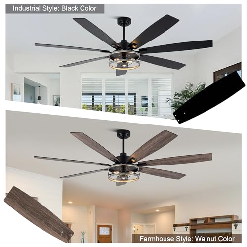 Image of 72 Inch Farmhouse Ceiling Fan with Lights Large Rustic Ceiling Fan Wood Caged Fandelier Chandelier Light for Indoor Outdoor, 7 Dual Blades 3 E26 Bulbs, Reversible Quiet DC Motor 6 Speeds