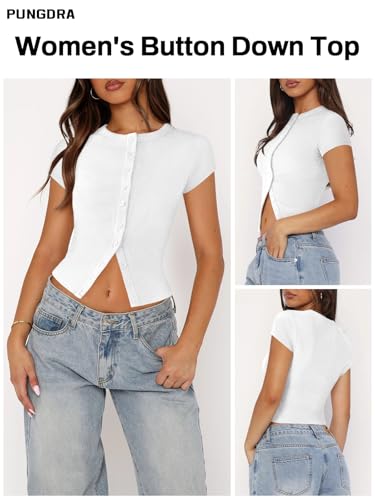 Women's Button Down Shirt Cap Sleeve Tops for Women Button Up Ribbed Knit Slim Fit Casual Y2K Crop Going Out Top3