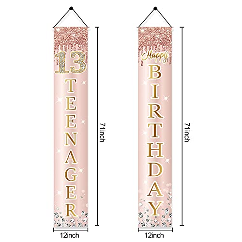 Image of 13th Birthday Decorations Door Banner for Girls, Pink Rose Gold 13 Teenager Happy Birthday Sign Party Supplies, Sweet Thirteen Year Old Birthday Backdrop Porch Decor
