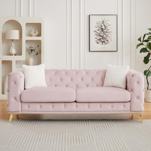 WDYLWFHW 82.5” Chesterfield 3 Seater Sofa, Pink Vintage Velvet Couch