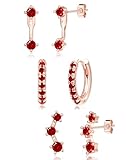 Gold Stud Earrings Set for Women Trendy, 3 Pairs Huggie Hoop Jacket Studs Earring Stacks Silver, Dainty Birthstone Women Fashion Accessories Holiday Jewelry Gifts, Brass, Garnet