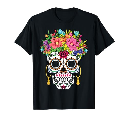 La Catrina - Unisex adultos - Manga corta - Día de los Muertos 2023 Calavera Azúcar Halloween Camiseta - S