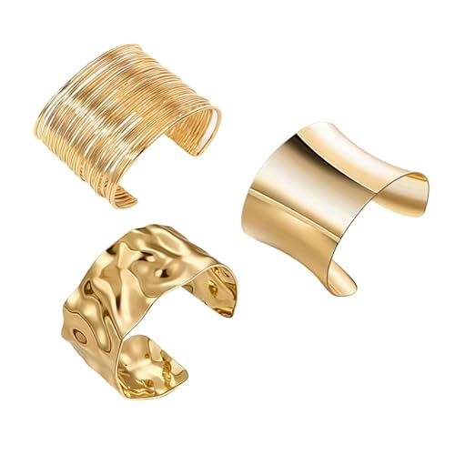 Image of BULULUSHOP Pack of 3 Gold Bangles for Women, Bangle Wide Open in Minimalist Design Elegant Round Gold Bangle Golden Bracelet for Everyday Party Fashion