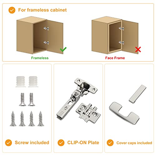 Chibery 10 Pack Half Overlay Soft Close Hinges, Self Closing Satin Nickel, 105 ° Open Angle 4D Adjustment, Speed Control, Clip-on Plate, Stainless Steel for Concealed Frameless Cabinet European Door by Chibery - Used condition - Image 7
