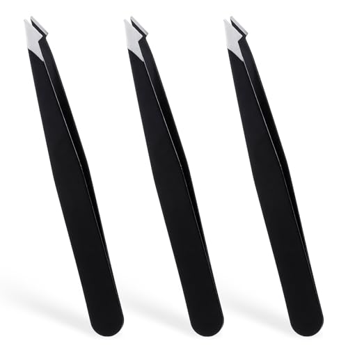 3 Pack Tweezers for Eyebrows, Stainless Steel Pointed Tip Ingrown Hair Removal Tweezers Black Slanted Angled Tweezer Set for Women Men Precision for Eyebrows Facial Ingrown Hair and Splinter Removal