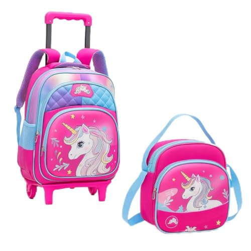Kit Mochila de Rodas Infantil Unicórnio 3D Removível com Lancheira Rosa e Lilás Escolar Menina