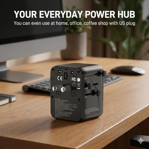 GaN 70W International Travel Adapter for US/JP, EU, UK, AU, 6-in-1 Universal Power Hub with 2 USB-C (PD 70W), 2 USB-A, and Extra US AC Outlet, Fast Charging Worldwide Plug, 2 Anti Theft Zipper Clips