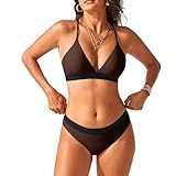 iSLASISIA Damen Bikini Set, Triangel, breites Unterbrustband, Bademode, Badeanzug（Kaffeebraun,EU40）