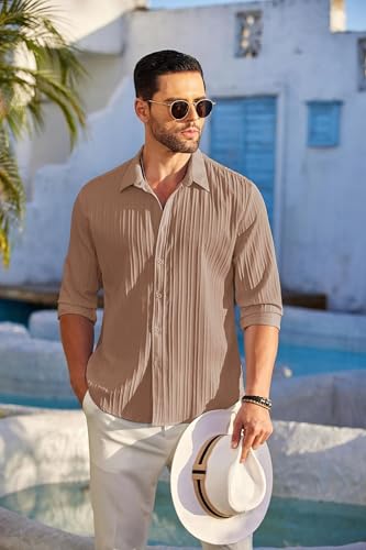 Image of DEELMO Men's Button Down Dress Shirts Textured Long Sleeve Casual Hawaiian Beach Shirt