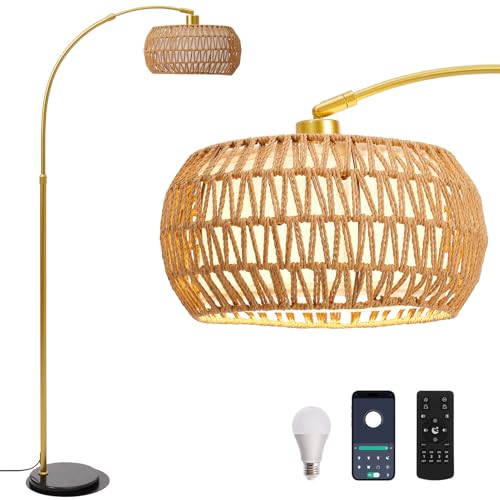 Image of INMOZATA Floor Lamps, Dimmable Arch Floor Lamps with Remote Control, Boho Rattan Lampshade Tall Standing Lamp for Living Room, Bedroom, Office, Included E27 Bulb