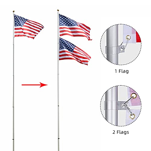 Pioneerworks 20Ft Telescoping Flag Pole Kit, Aluminum Flag Poles With 3X5 Usa Flag, For Residential Or Commercial Outside In Ground, Silver #TOP3