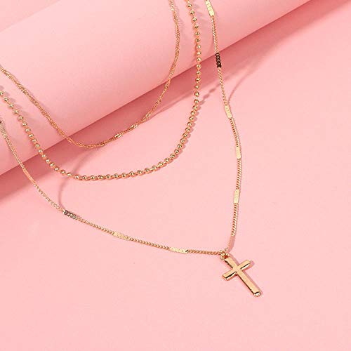 Collier multi-couche avec pendentif croix à longueur ajustable et chaînes légères