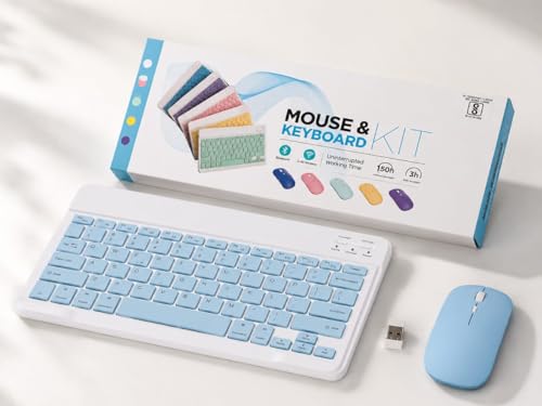 Image of Wireless Bluetooth Keyboard and Mouse Combo, Rechargeable Slim Multi-Device Keyboard with Bluetooth, Mouse with Bluetooth & 2.4G USB Receiver. (Sky Blue)