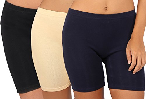 Image of Bralux Cycling Shorts for Women, Girls with Cotton Spandex Set of 3 - Multi Colour Rib Shorts