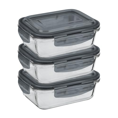 HOMESHOPA Airtight Glass Food Storage Container, 620ml, 3 Pack BPA-Free & Leak Proof Silicone Seal Plastic Lids, Glass Meal Prep Takeaway Lunch Boxes