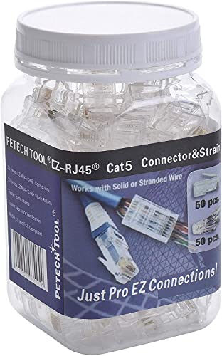 Petechtool Rj45 Cat5 Cat5E Connector 50-Pack - End Pass Through Ethernet 8P8C Goldplated Modular Plug #TOP5