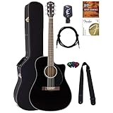 Fender CD-60SCE Solid Top Dreadnought Acoustic-Electric Guitar - Black Bundle with Hard Case, Instrument Cable, Tuner, Strap, Strings, Picks and Austin Bazaar Instructional DVD