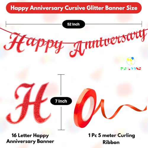 Image of Flyloons Red Happy Anniversary Banner with Confetti Balloons Decoration Kit for Men Women 8 Pcs Gold Colour Confetti Meatallic Balloons Reusable Happy Wedding Anniversary Banner