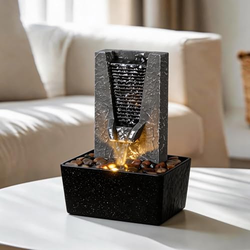 MAOCHI Tabletop Water Fountain Gray Stone-Like Pillars Minimalism, Flowing Water and Warm LED Lights with Pebble and Pump Fit Home, Indoor Decor