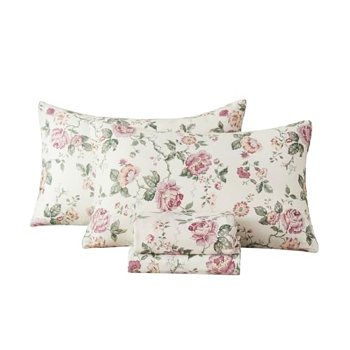 Image of FADFAY 100% Cotton Double Gauze Sheets Set Queen Size, 4 Piece Breathable Muslin Bedding with Deep Pocket Fitted Sheet, Vintage French Country Floral Print, Soft Pre-Washed Bed Sheets (Queen, Rose)