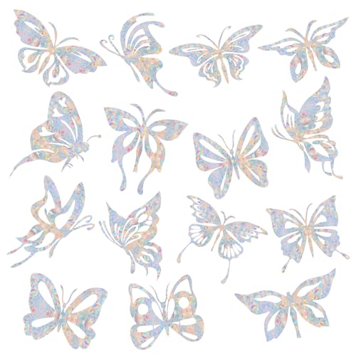 Image of 32PCS Butterfly Window Clings | Anti-Collision Decals, Save Birds from Window Collisions, Non Adhesive Prismatic Vinyl, Rainbow Stickers
