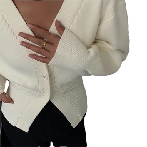 Women's V-Neck Sweater, Lantern Sleeve Short Sweater, Solid Color Retro Cardigan3