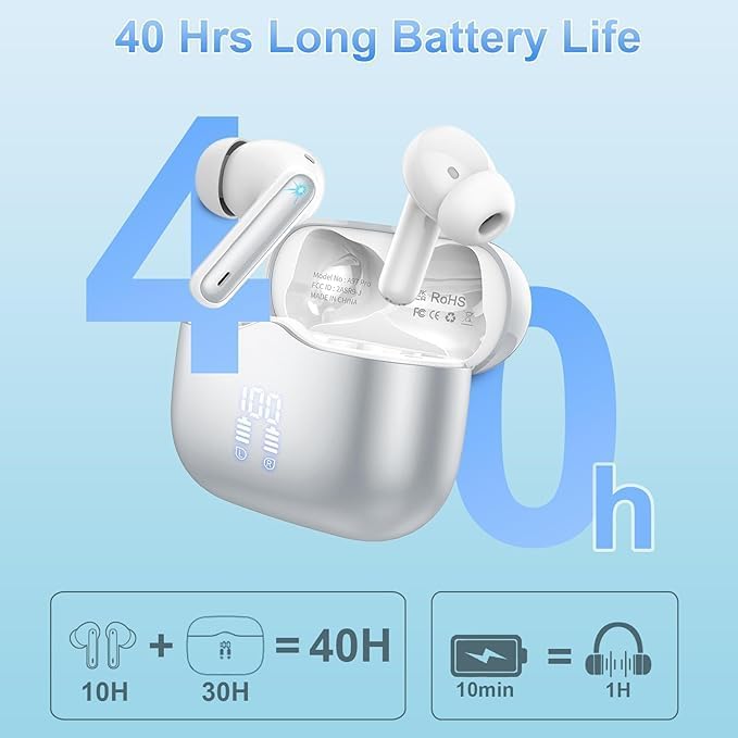 Wireless Earbud, Bluetooth 5.3 Headphones Deep Bass with 4 HD Mics, Wireless Headphones in Ear 40H Playtime, Bluetooth Earphones with Light Weight, IP7 Waterproof Ear Buds for Android IOS, Silver