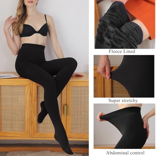 Image of YAGAXI Fleece Lined Opaque Tights for Women - 2 Pairs 200D Warm Winter Pantyhose with Control Top