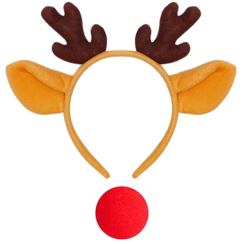 Image of Yolyoo 2Pcs Reindeer Deer Antlers Headband and Red Nose Deer Reindeer Costume Set Cute Antler Head Bands for Halloween Christma Cosplay Party