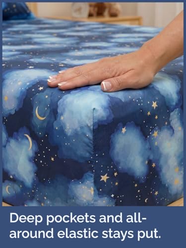 Image of Kids Full Size Starry Sky Bed Sheets - 4 Piece Kids Starry Sky Sheet Set | Starry Sky Themed Bedding, Ultra-Soft, Cute & Cozy, Breathable & Machine Washable, Bed Set for Boys, Girls & Teens & Cooling